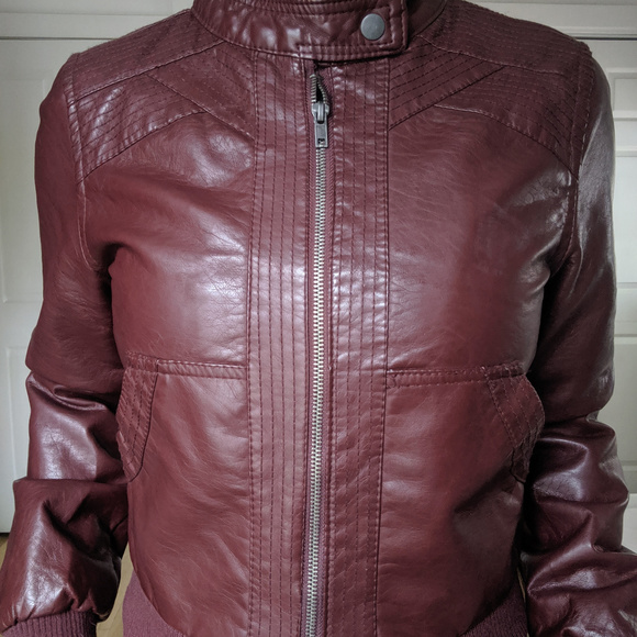 Wine/Red Womens Faux Leather Zip-Up Jacket - Picture 3 of 8